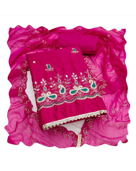 Pink Mirror Work Cotton Silk Unstitched Women Churidar Suit