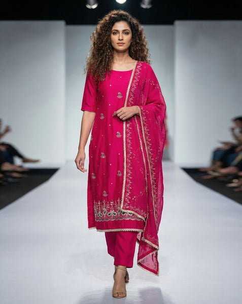 Pink Mirror Work Cotton Silk Unstitched Women Churidar Suit
