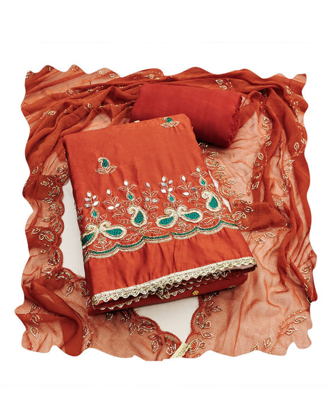 Brown Mirror Work Cotton Silk Unstitched Women Churidar Suit