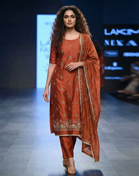 Brown Mirror Work Cotton Silk Unstitched Women Churidar Suit