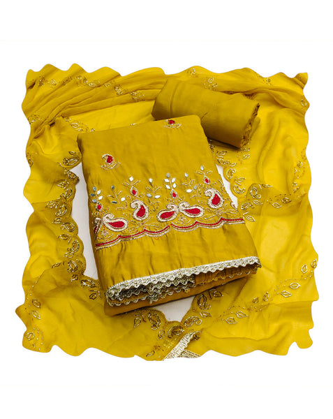 Yellow Mirror Work Cotton Silk Unstitched Women Churidar Suit