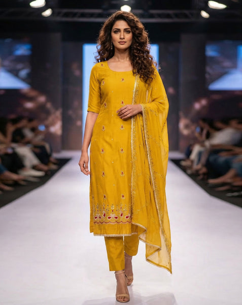Yellow Mirror Work Cotton Silk Unstitched Women Churidar Suit