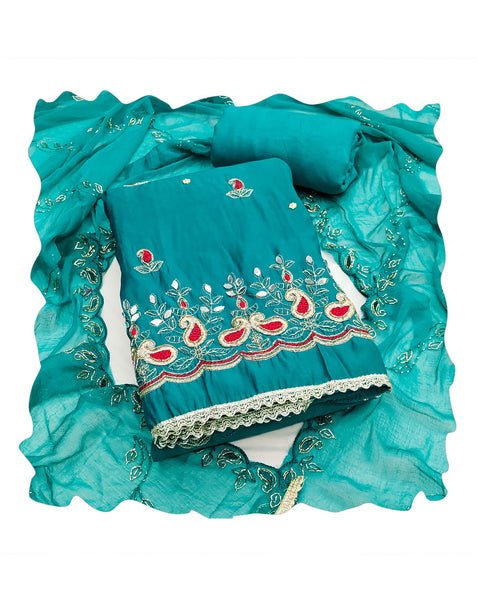 Blue Mirror Work Cotton Silk Unstitched Women Churidar Suit