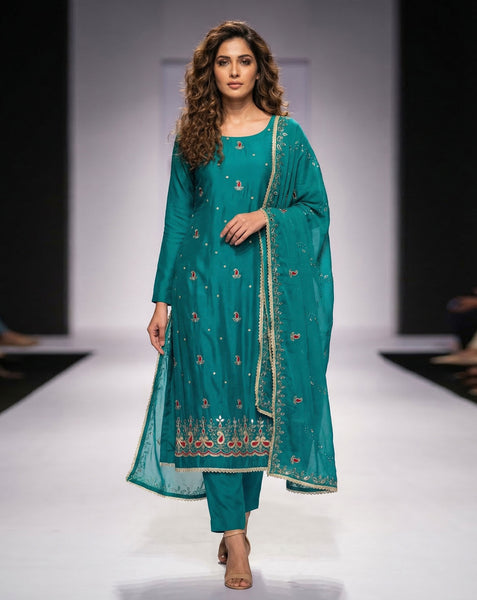 Blue Mirror Work Cotton Silk Unstitched Women Churidar Suit