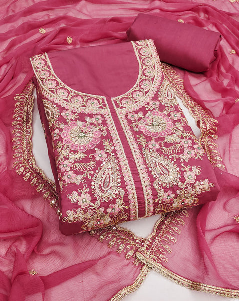 Pink Cotton Silk Plus Size Unstitched Women Pant Suit