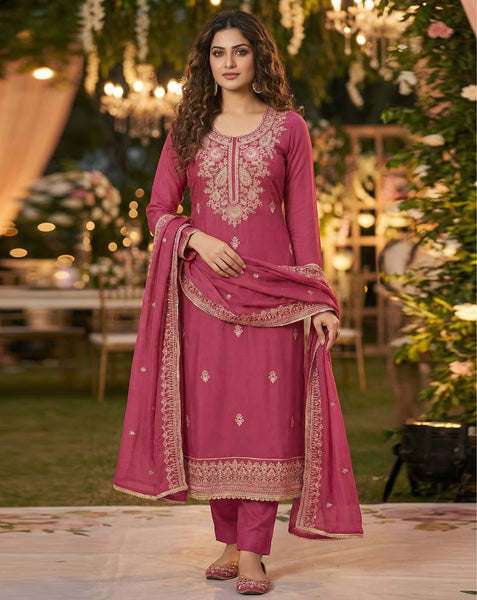 Pink Cotton Silk Plus Size Unstitched Women Pant Suit