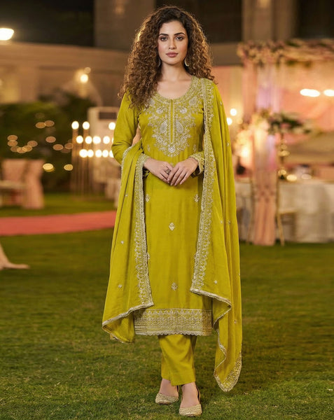Green Cotton Silk Plus Size Unstitched Women Pant Suit
