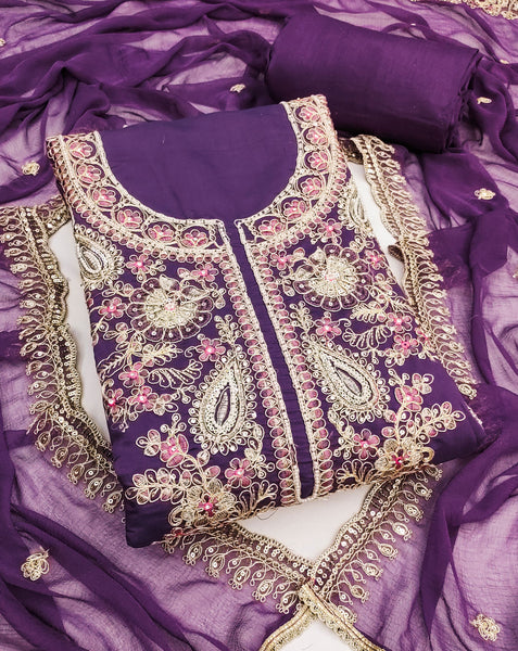 Purple Cotton Silk Plus Size Unstitched Women Pant Suit