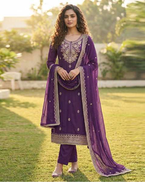 Purple Cotton Silk Plus Size Unstitched Women Pant Suit