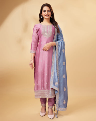 Pink Vichitra Silk Zari Work Pant Suit With Light Blue Embroidered Dupatta