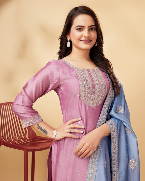 Pink Vichitra Silk Zari Work Pant Suit With Light Blue Embroidered Dupatta