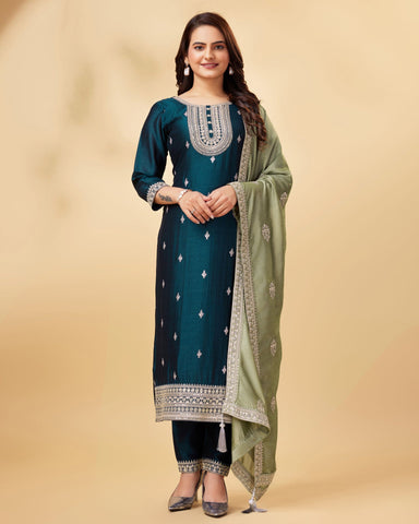 Blue Vichitra Silk Zari Work Pant Suit With Light Green Embroidered Dupatta