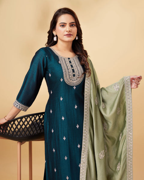 Blue Vichitra Silk Zari Work Pant Suit With Light Green Embroidered Dupatta