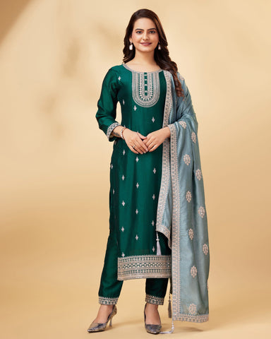 Green Vichitra Silk Zari Work Pant Suit With Light Blue Embroidered Dupatta