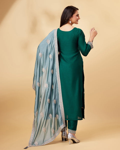 Green Vichitra Silk Zari Work Pant Suit With Light Blue Embroidered Dupatta