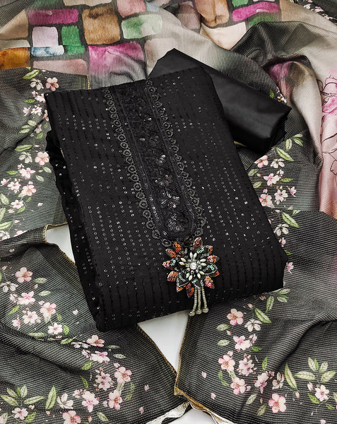 Black Roman Silk Women Unstitched Plus Size Churidar Suit