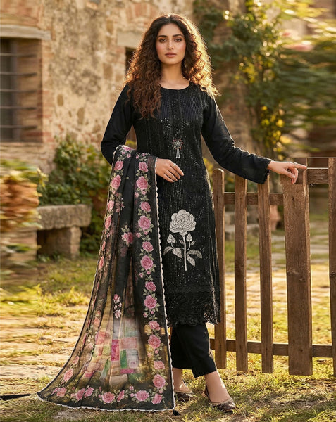 Black Roman Silk Women Unstitched Plus Size Churidar Suit