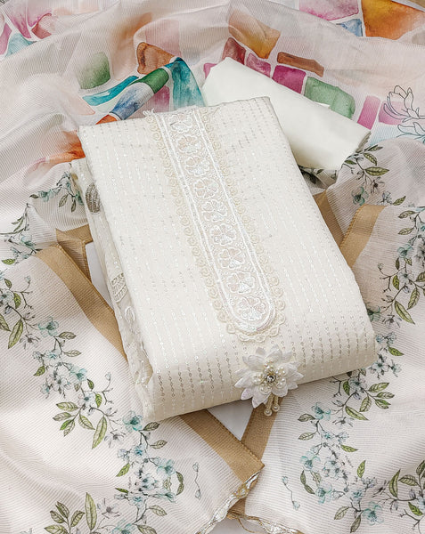 White Roman Silk Women Unstitched Plus Size Churidar Suit