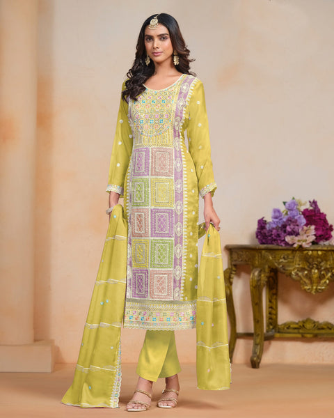 Yellow Women Customized Sequins Thread Work Organza Churidar Suit With Organza Dupatta