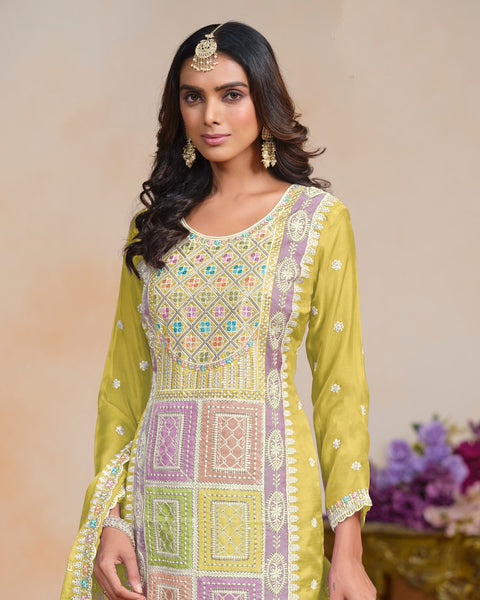 Yellow Women Customized Sequins Thread Work Organza Churidar Suit With Organza Dupatta