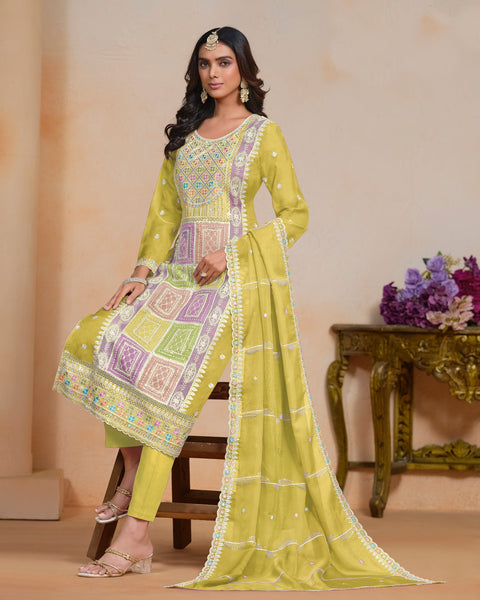 Yellow Women Customized Sequins Thread Work Organza Churidar Suit With Organza Dupatta