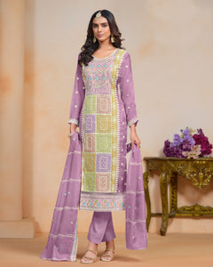 Purple Women Customized Sequins Thread Work Organza Churidar Suit With Organza Dupatta