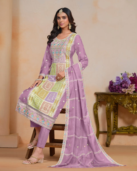 Purple Women Customized Sequins Thread Work Organza Churidar Suit With Organza Dupatta