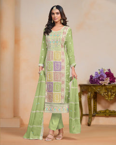 Green Women Customized Sequins Thread Work Organza Churidar Suit With Organza Dupatta