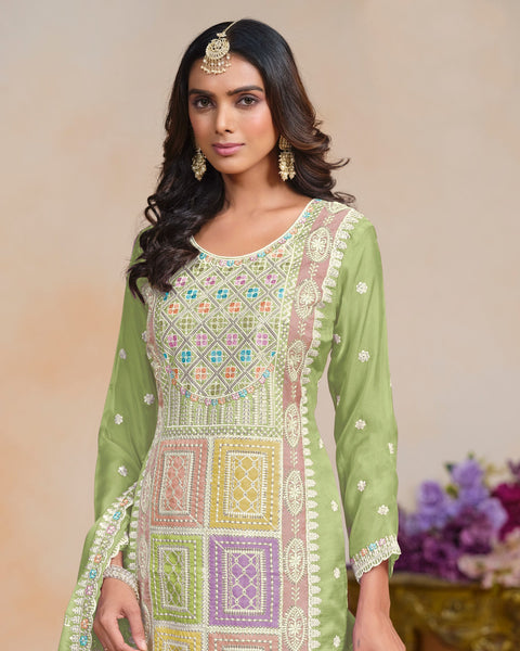 Green Women Customized Sequins Thread Work Organza Churidar Suit With Organza Dupatta