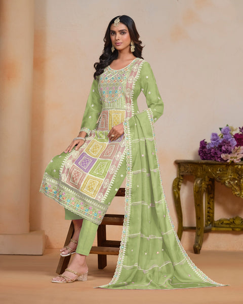 Green Women Customized Sequins Thread Work Organza Churidar Suit With Organza Dupatta