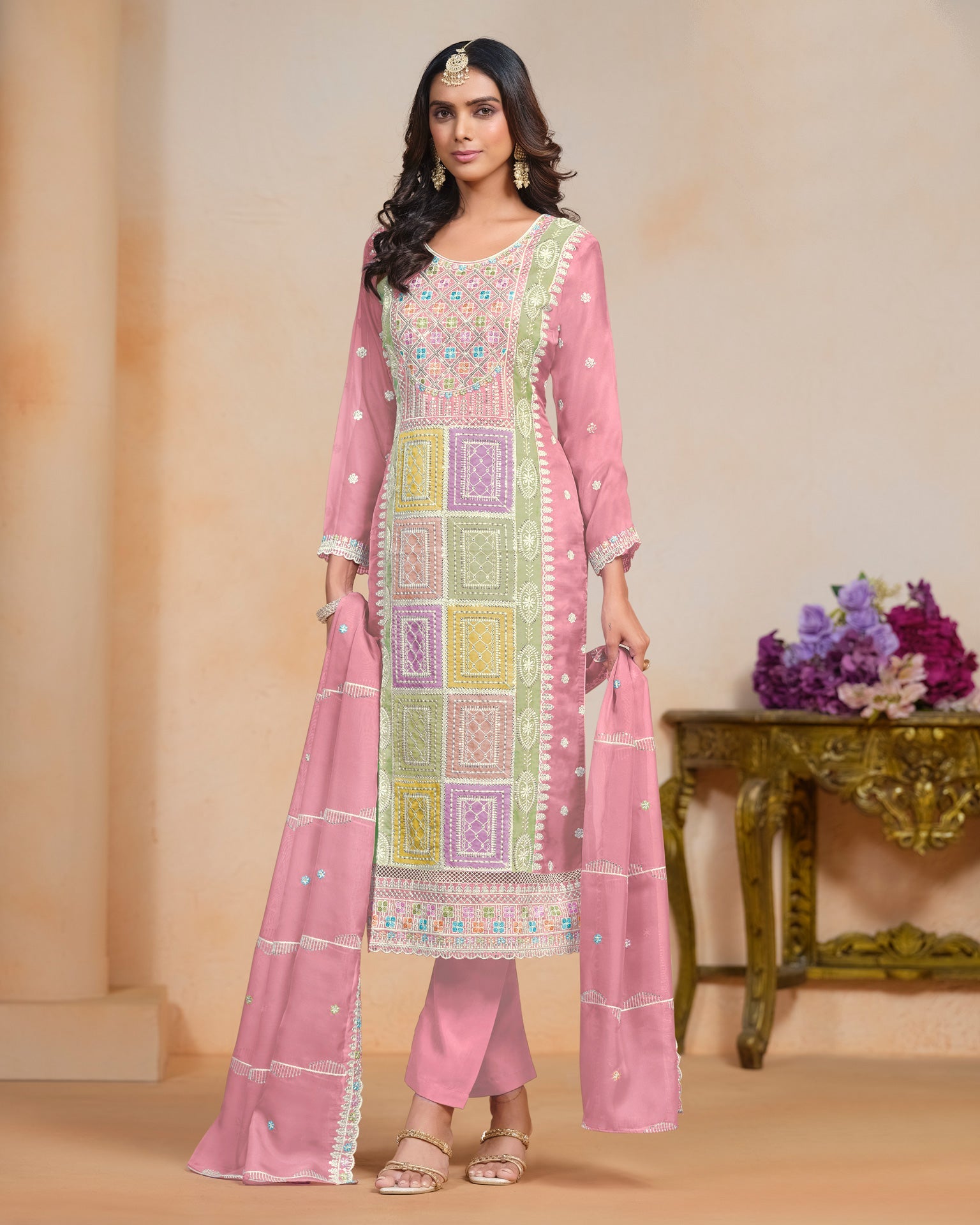 Pink Women Customized Sequins Thread Work Organza Churidar Suit With Organza Dupatta