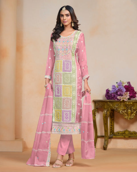 Pink Women Customized Sequins Thread Work Organza Churidar Suit With Organza Dupatta