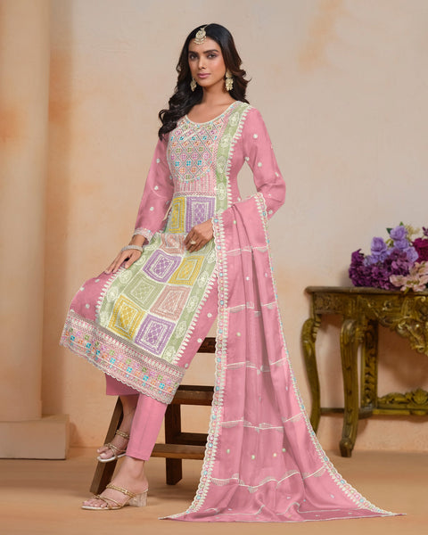 Pink Women Customized Sequins Thread Work Organza Churidar Suit With Organza Dupatta