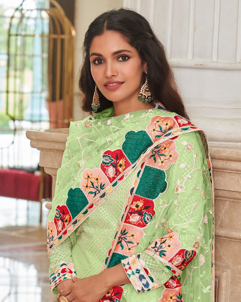Green Georgette Sequins Work Women Unstitched Churidar Suit