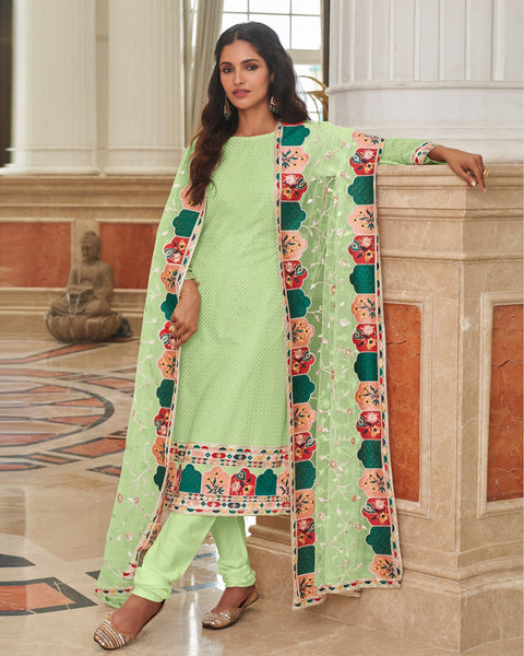 Green Georgette Sequins Work Women Unstitched Churidar Suit