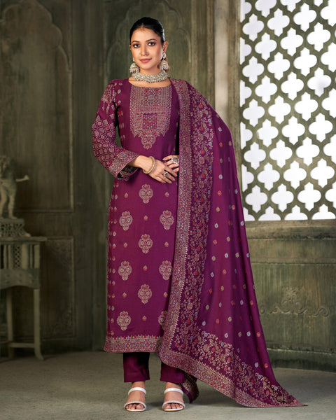 Purple Viscose Pashmina Mina Work Pant Suit With Purple Woven Dupatta