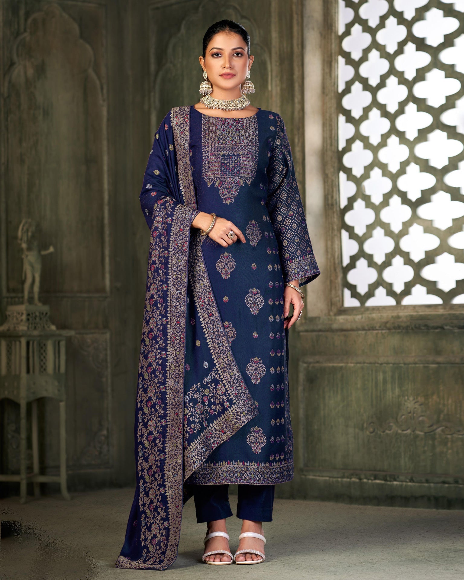 Blue Viscose Pashmina Mina Work Pant Suit With Blue Woven Dupatta