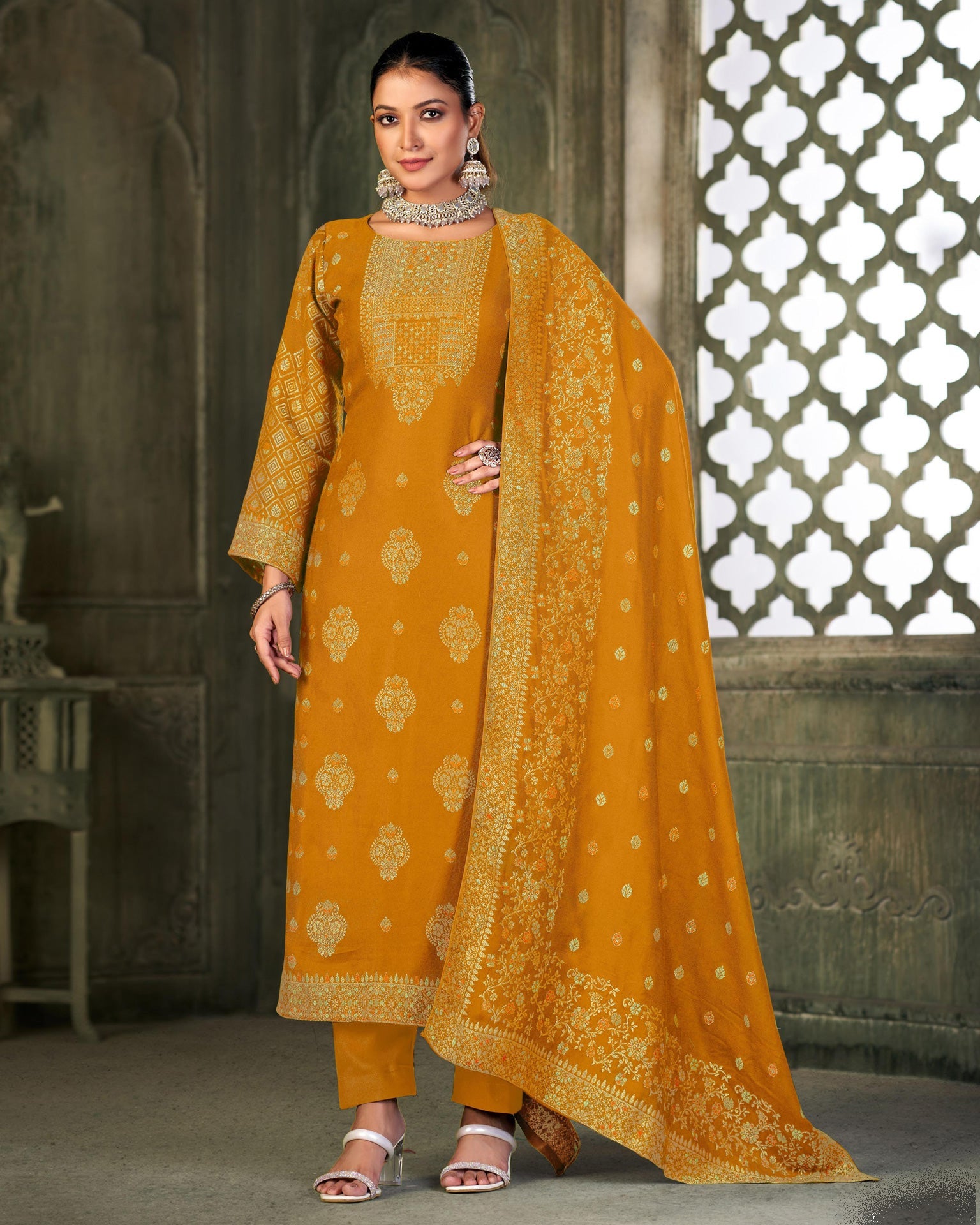 Yellow Viscose Pashmina Mina Work Pant Suit With Yellow Woven Dupatta