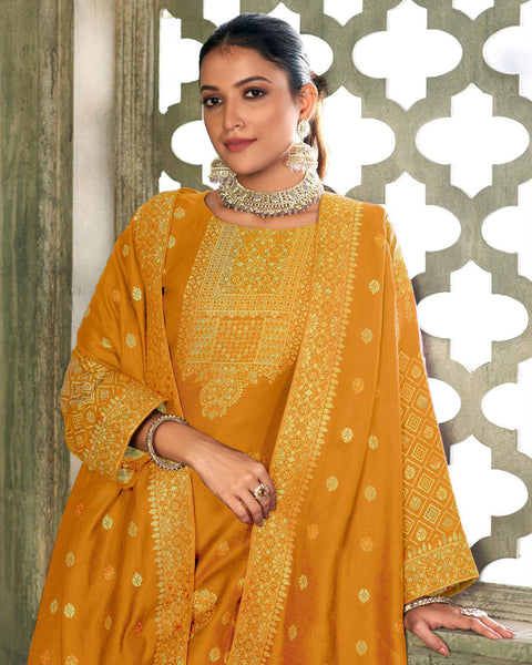 Yellow Viscose Pashmina Mina Work Pant Suit With Yellow Woven Dupatta