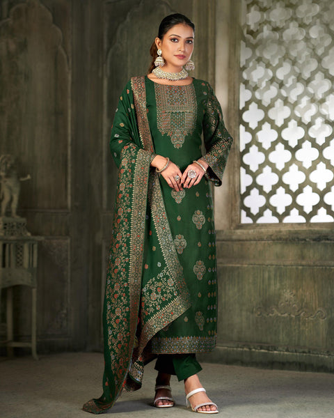 Green Viscose Pashmina Mina Work Pant Suit With Green Woven Dupatta