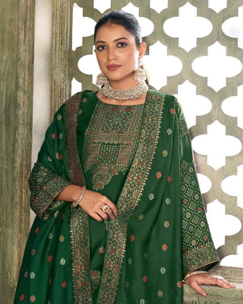 Green Viscose Pashmina Mina Work Pant Suit With Green Woven Dupatta