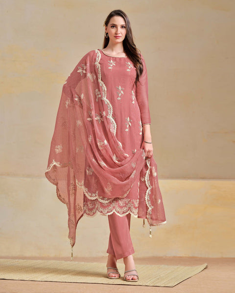 Rose Pink Organza Chiffon Thread Swarovski Work Women Unstitched Churidar Suit
