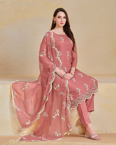 Rose Pink Organza Chiffon Thread Swarovski Work Women Unstitched Churidar Suit