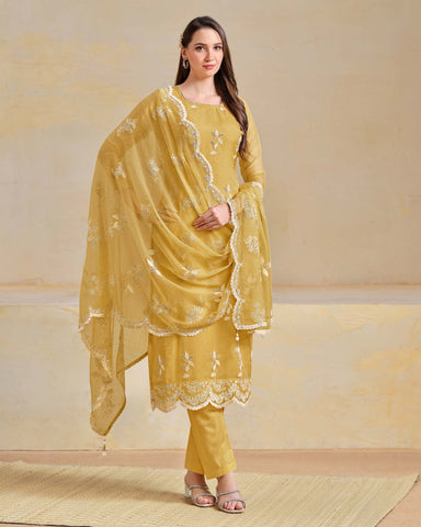 Yellow Organza Chiffon Thread Swarovski Work Women Unstitched Churidar Suit