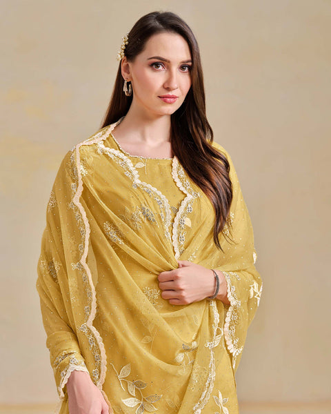 Yellow Organza Chiffon Thread Swarovski Work Women Unstitched Churidar Suit