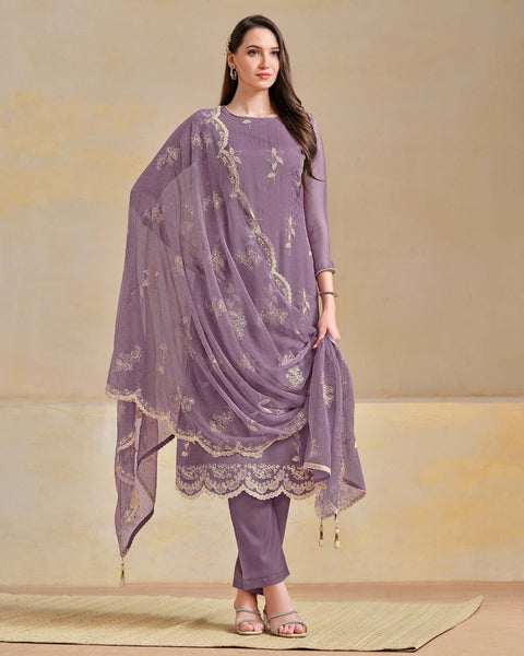 Purple Organza Chiffon Thread Swarovski Work Women Unstitched Churidar Suit