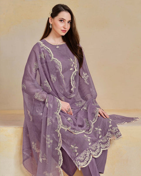 Purple Organza Chiffon Thread Swarovski Work Women Unstitched Churidar Suit