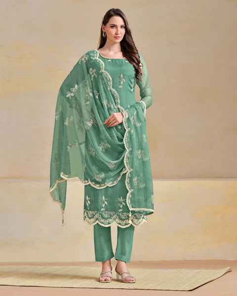 Green Organza Chiffon Thread Swarovski Work Women Unstitched Churidar Suit