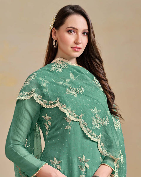 Green Organza Chiffon Thread Swarovski Work Women Unstitched Churidar Suit