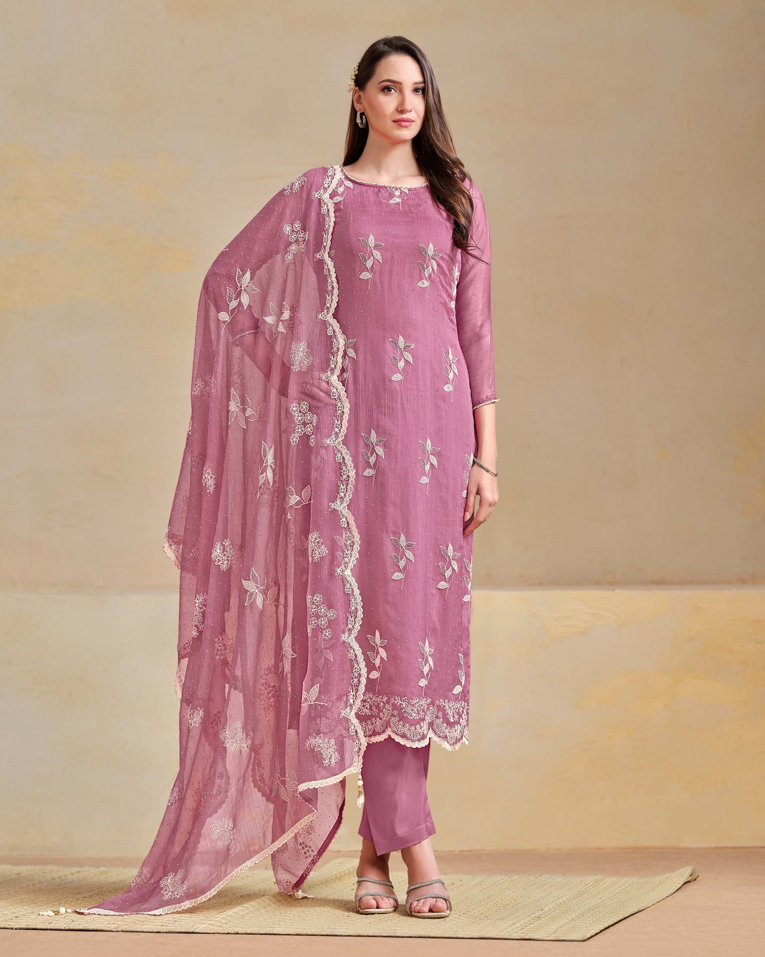 Mauve Organza Chiffon Thread Swarovski Work Women Unstitched Churidar Suit